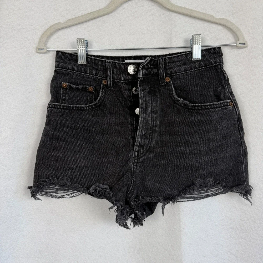 Zara Womens High Waisted Distressed Denim‎ Shorts Black Button Fly Size 2